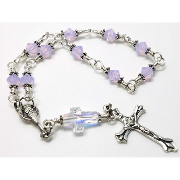 Wire-wrapped Handmade One Decade Rosary, Lilac Opal Crystal Beads - Picture 5 of 10